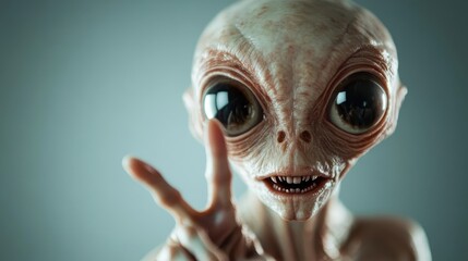 A close-up image of an expressive alien with large shiny eyes making a gesture, highlighting its unique, friendly appearance in a futuristic context.