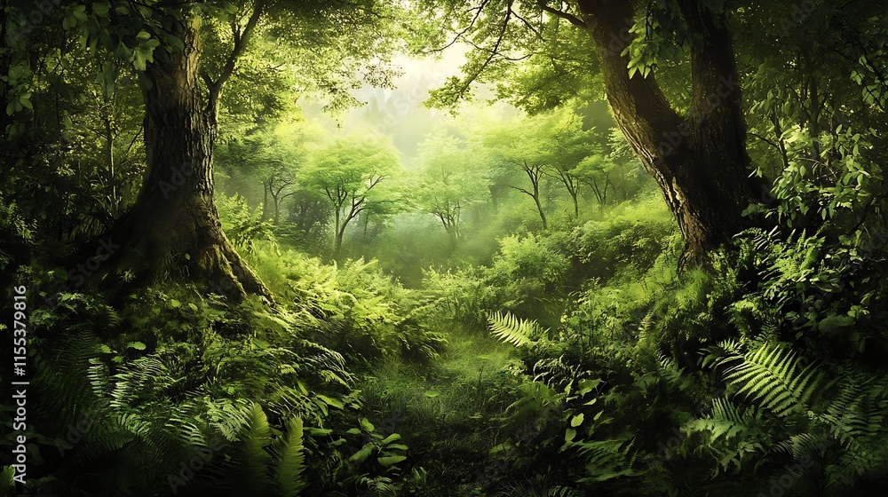 Poster lush enchanted forest with sunlight filtering through a canopy of green leaves : generative ai