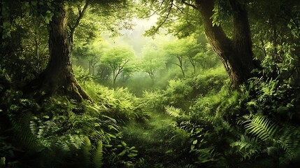 Fototapeta premium Lush Enchanted Forest with Sunlight Filtering Through a Canopy of Green Leaves : Generative AI