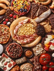 Assorted Junk Food Arrangement with Pizzas Burgers and Colorful Candies on a Rustic Table : Generative AI