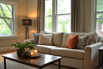 Fototapeta premium Inviting living room featuring a cozy beige sofa, large windows with natural light, surrounded by plush cushions and warm, ambient lighting for a homely feel.