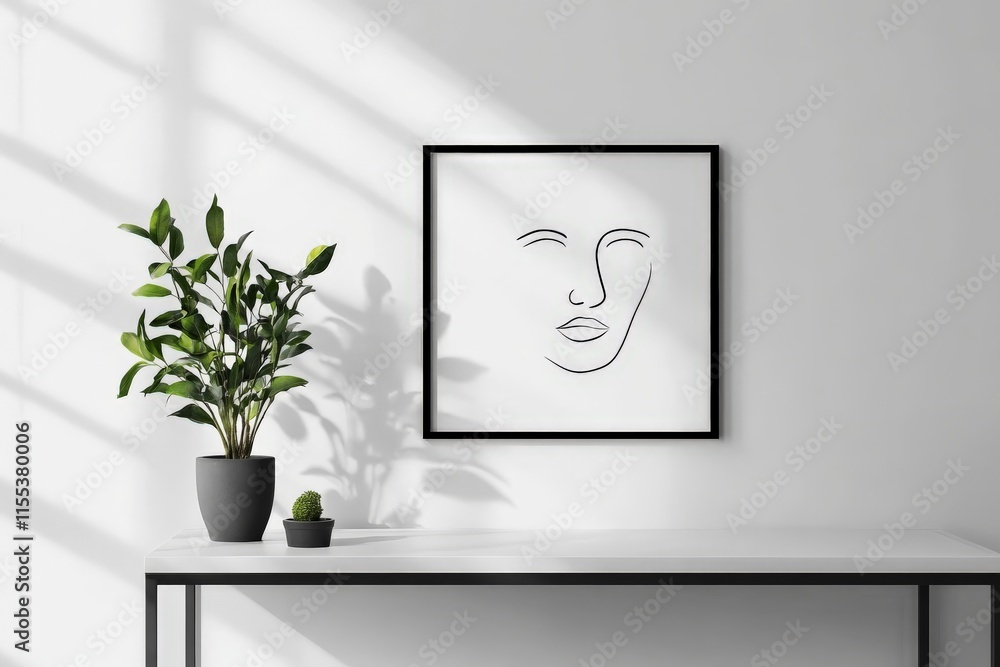 Aufkleber a simplistic line art piece in a frame is placed on a white table, flanked by potted plants, casting