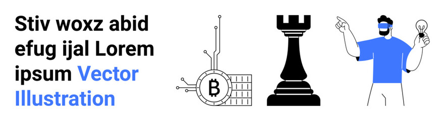 Bitcoin coin with circuit, black rook chess piece, and a person holding a light bulb. Ideal for finance, technology, cryptocurrency, blockchain, innovation, strategic thinking, creative campaigns