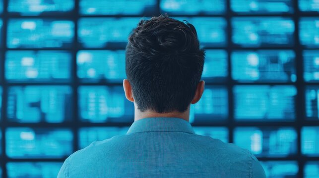 Businessman analyzing financial data displayed on a wall of monitors, making strategic decisions for investments and market trends - Powered by Adobe
