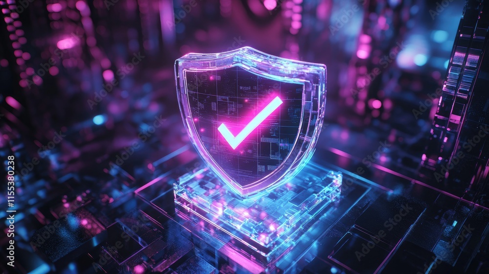 Poster futuristic digital shield with a glowing checkmark, representing data safety and secure online inter