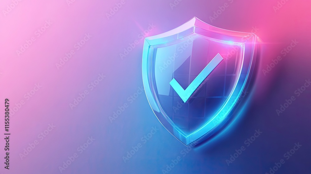 Poster gradient digital shield icon with a checkmark, symbolizing security, protection, and trust in online
