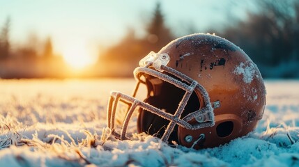 A lone football helmet lies on a frosty expanse as dawn breaks, juxtaposing the sparkling frost with the soft emerging light of morning to create an evocative scene.