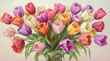 Fototapeta premium A vibrant bouquet of colorful tulips in various shades, arranged elegantly in a vase, showcasing the beauty of spring flowers.