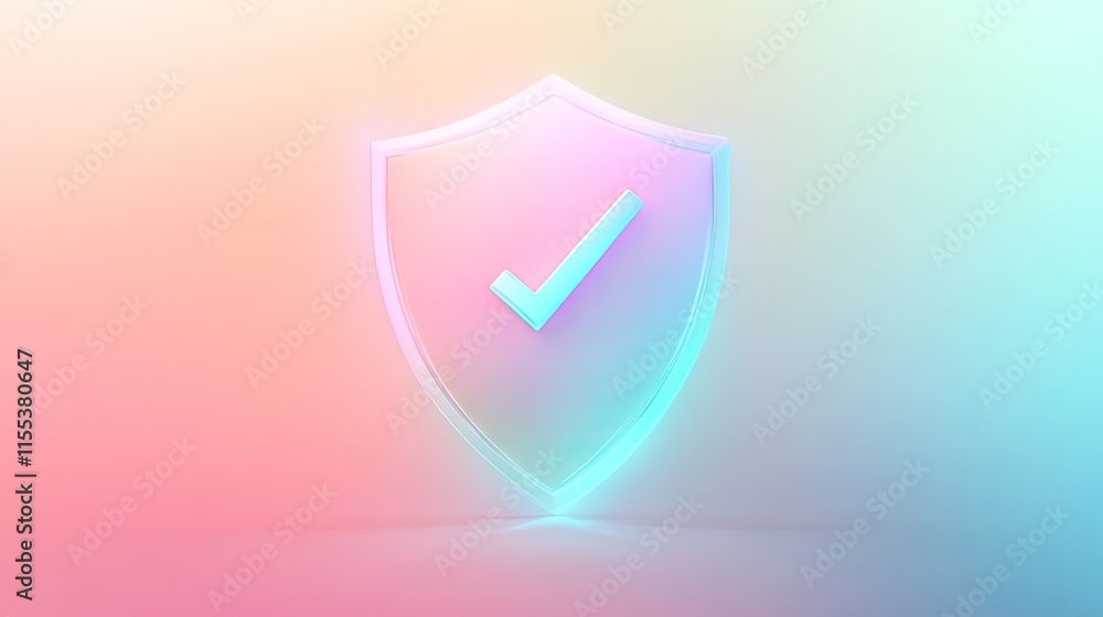 Poster gradient digital shield with a checkmark on a glowing background, emphasizing cybersecurity and trus