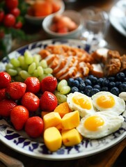 Vibrant Breakfast Platter with Fresh Fruits and Eggs on a Rustic Table : Generative AI