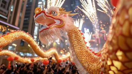 Obraz premium A vibrant dragon dances in a festive parade, surrounded by fireworks and crowds, celebrating a cultural event with joy and energy.