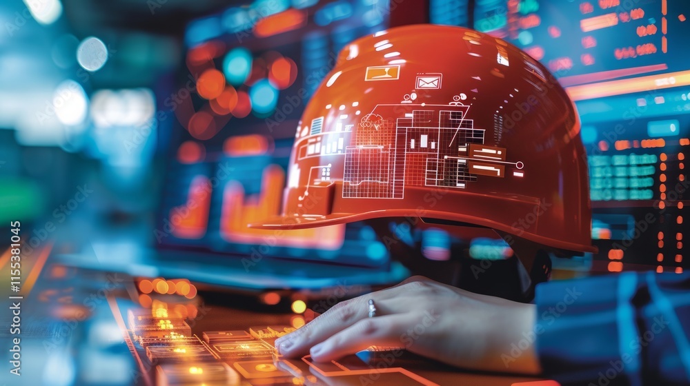 Poster red hard hat with digital overlay on keyboard.