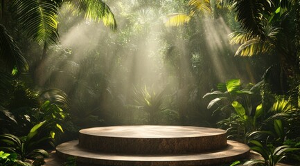 A podium in the middle of an exotic jungle, surrounded by lush greenery and a misty atmosphere. 