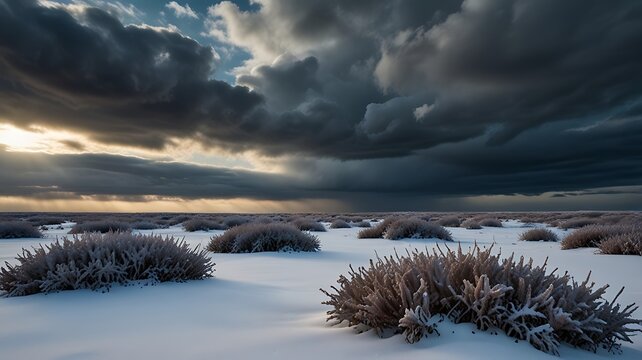 Snowy landscape with dramatic clouds and sun rays - Powered by Adobe