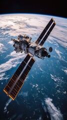 Obraz premium Flying above Earth, a space station orbits gracefully amidst clouds and blue oceans in breathtaking view, mobile wallpaper 4K