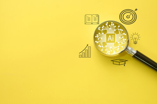 Artificial intelligence,Education,Business Concept.,AI with circuit board under magnifying glass with education,business icon wth copyspace.,artificial intelligence in learning.