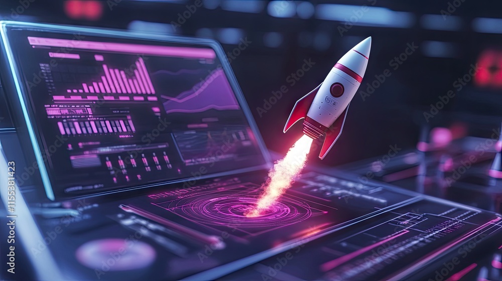 Poster innovative idea: rocket blasting from a laptop screen on a tech-inspired background with a sense of 