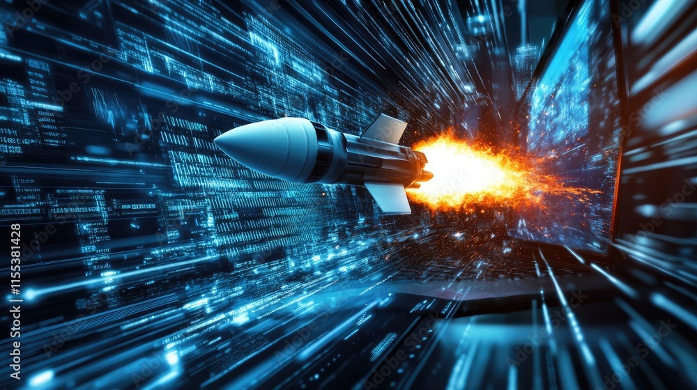 Poster innovative idea: rocket blasting from a laptop screen on a tech-inspired background with a sense of 