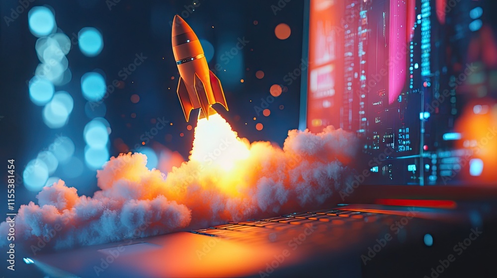 Poster innovative idea: rocket blasting from a laptop screen on a tech-inspired background with a sense of 