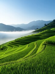 Lush Green Rice Terraces in Morning Mist - Serene landscape, mist-shrouded mountains, vibrant green rice paddies, tranquil atmosphere, agricultural beauty.