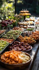 Obraz premium Festive buffet displays a variety of colorful dishes and snacks for a vibrant gathering in a garden setting, mobile wallpaper 4K