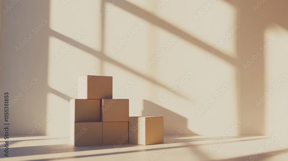 Poster stack of empty cardboard boxes arranged in a sunlit room with soft shadows and ample copyspace for t
