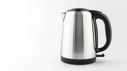 Modern stainless steel cordless electric kettle featuring a black plastic handle elegantly displayed on a clean white background.