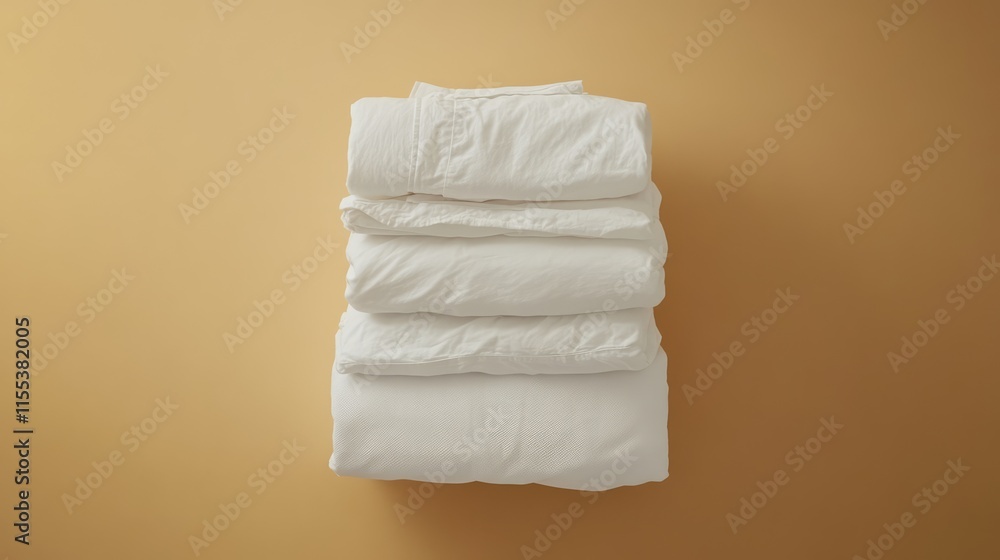 Poster neatly folded clean bed sheets arranged on a warm colored background showcasing simplicity and comfo