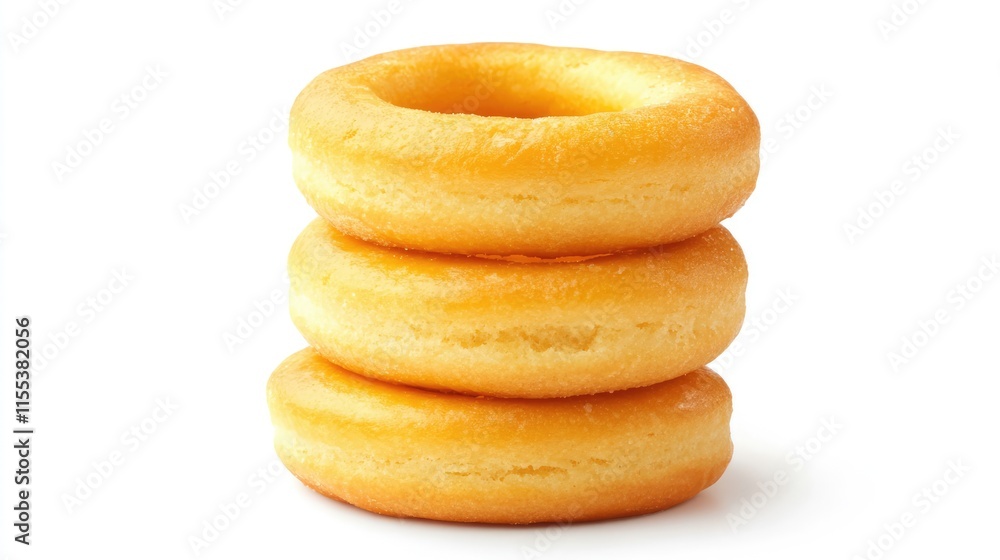 Poster Three butter ring biscuits stacked on white background showcasing their fluffy texture and golden color in a simple perspective view