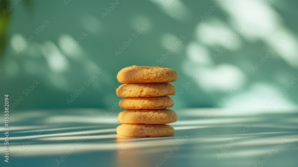 Poster stack of golden cookies with soft shadows on a pastel background creating a warm and inviting desser
