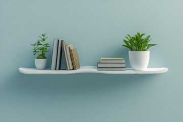 Fototapeta premium A plain white shelf with books and plants against a bare light blue wall creates space for displaying text or products.