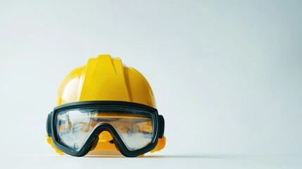 Construction safety helmet and goggles isolated on white background promoting workplace safety and protection in construction environments.