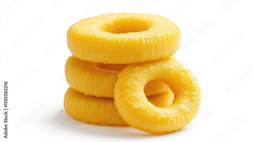 Poster stack of butter ring biscuits deliciously arranged on a white background showcasing their golden tex
