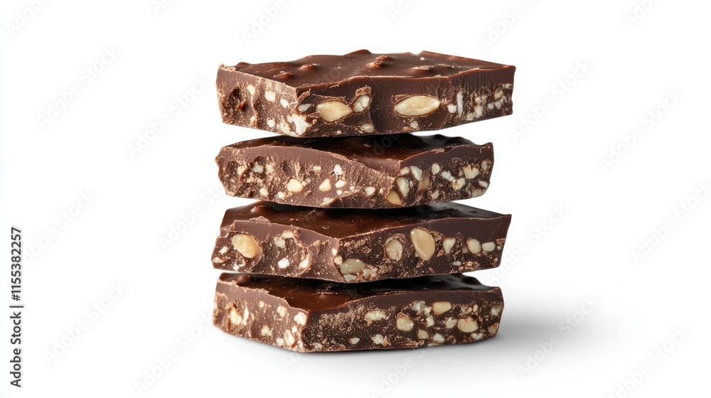 Poster stack of chocolate bars with nuts arranged on a white background perfect for highlighting delicious 