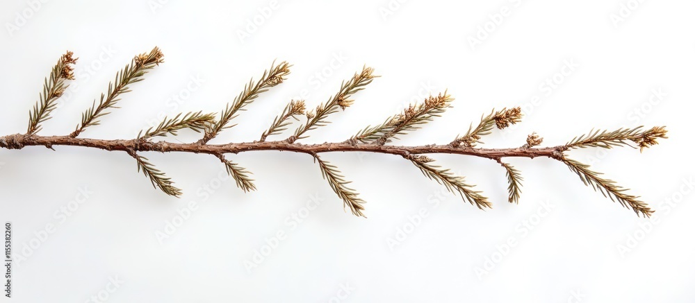 Poster spruce branch on white background with ample copy space for design and text elements