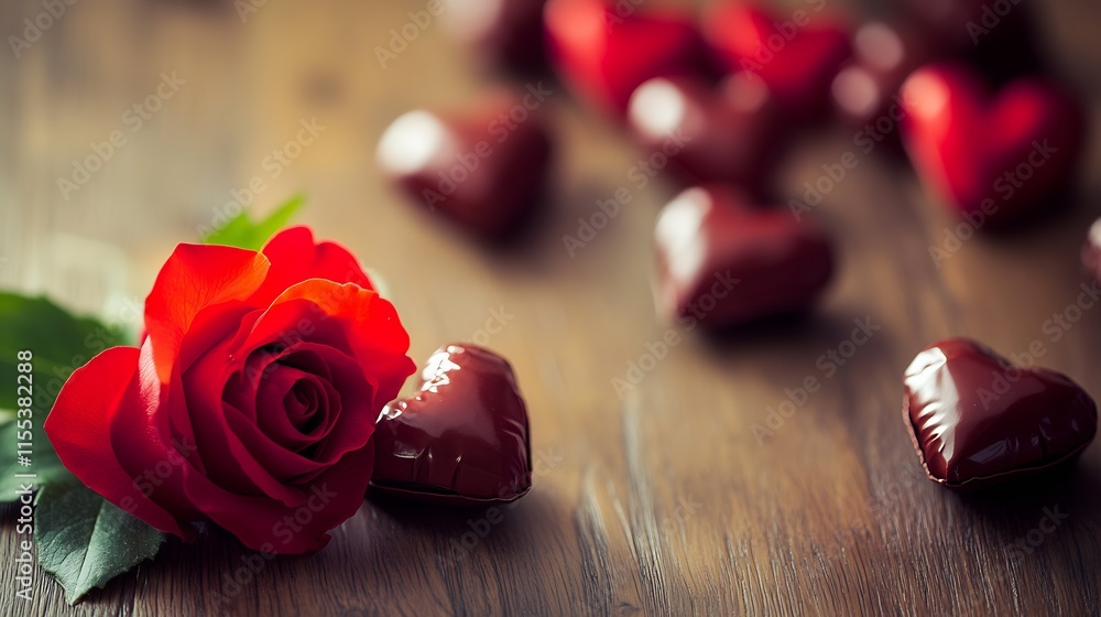 Poster red rose with heart shaped chocolates on rustic wooden table : generative ai