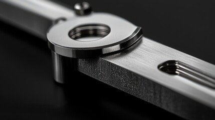 Stainless steel caliper detailed closeup showcasing precision engineering on a sleek black background