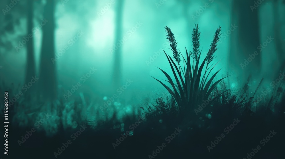 Poster silhouetted grass stalks in a dark, foggy forest with a blurred green background creating a mysterio