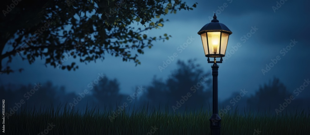 Poster illuminated vintage lamp post in a tranquil evening setting surrounded by soft grass and trees again