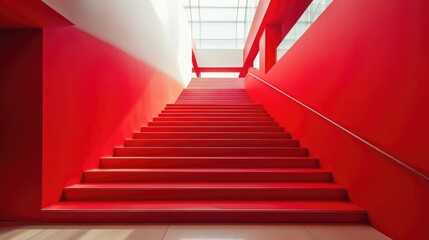 Vibrant red staircase leading to a modern luxury hotel lobby showcasing bold architectural design elements and abstract aesthetics.