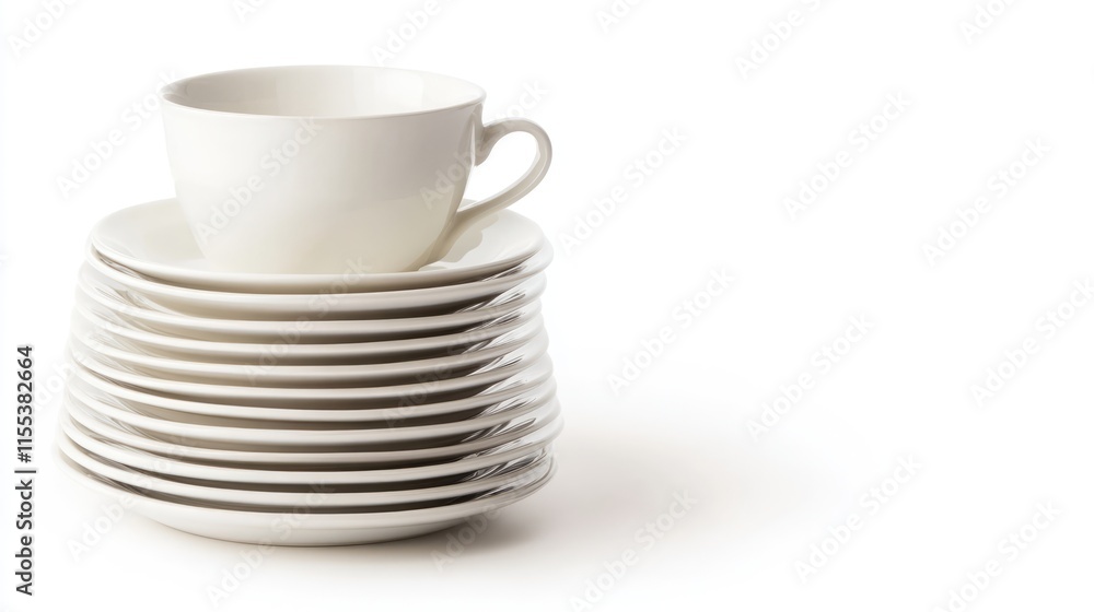 Poster elegant stack of white plates with a matching cup on top isolated against a clean white background f