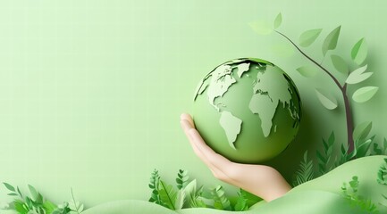 Green planet Earth in hand with a tree branch on a light green background for World Wildlife Day 
