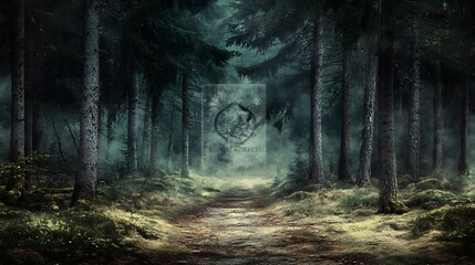 Obraz premium Mysterious Foggy Path Leading Through Enchanted Dark Forest Landscape : Generative AI
