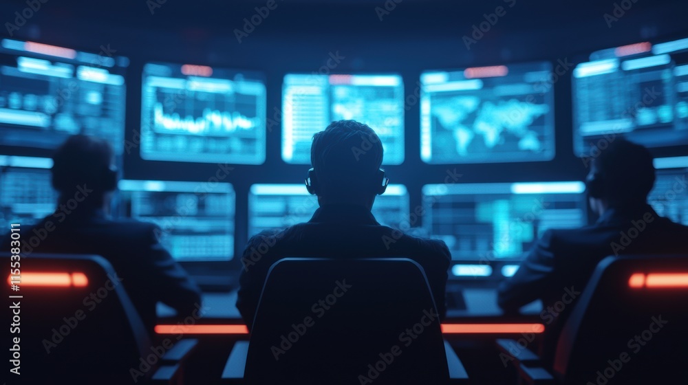 Poster from behind, silhouettes of businessmen working in a dark, futuristic office, monitoring global data