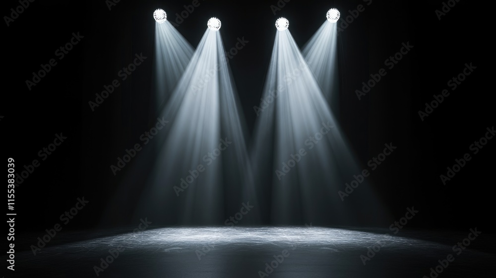 Poster stage lights illuminating an empty performance area with beams and spotlights creating a dramatic at
