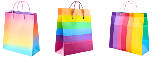 colorful paper shopping bags isolated over white (transparent) background; concept of happy birthday, festive gift, pride month 