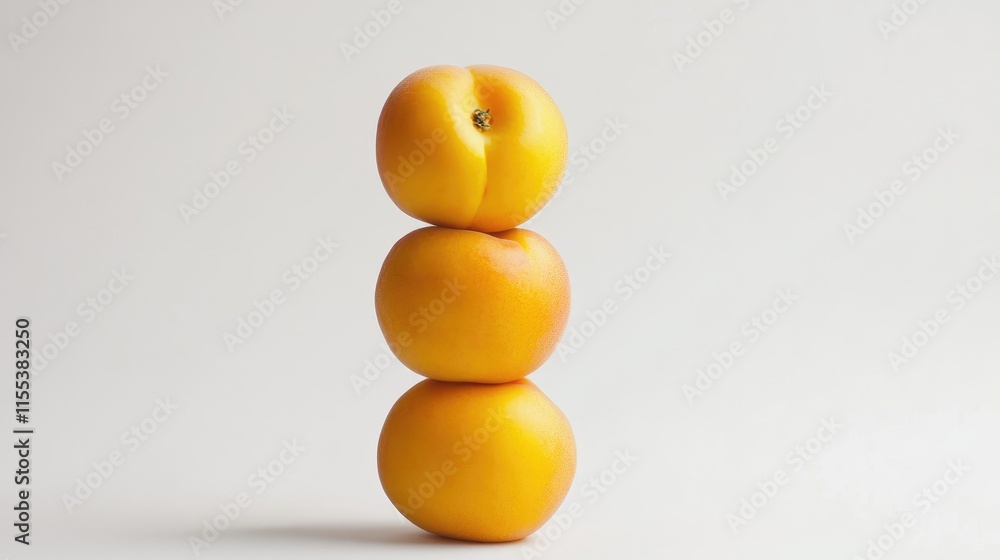 Poster stack of ripe yellow peaches arranged in three layers isolated on a clean white background showcasin