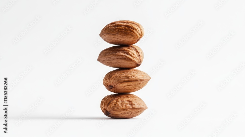 Poster stack of walnuts arranged neatly on a clean white background showcasing their natural texture and sh