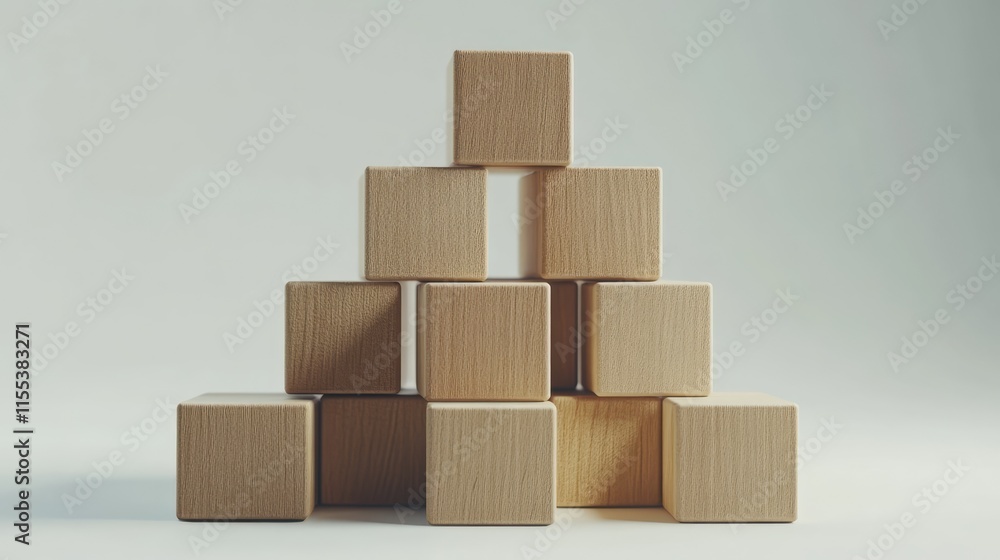 Poster stack of blank wooden cubes arranged in a pyramid shape on a light background for design and educati
