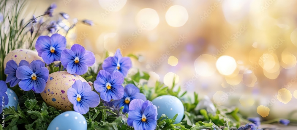 Poster spring garden scene with blue viola flowers and colorful easter eggs in a blurred background with so